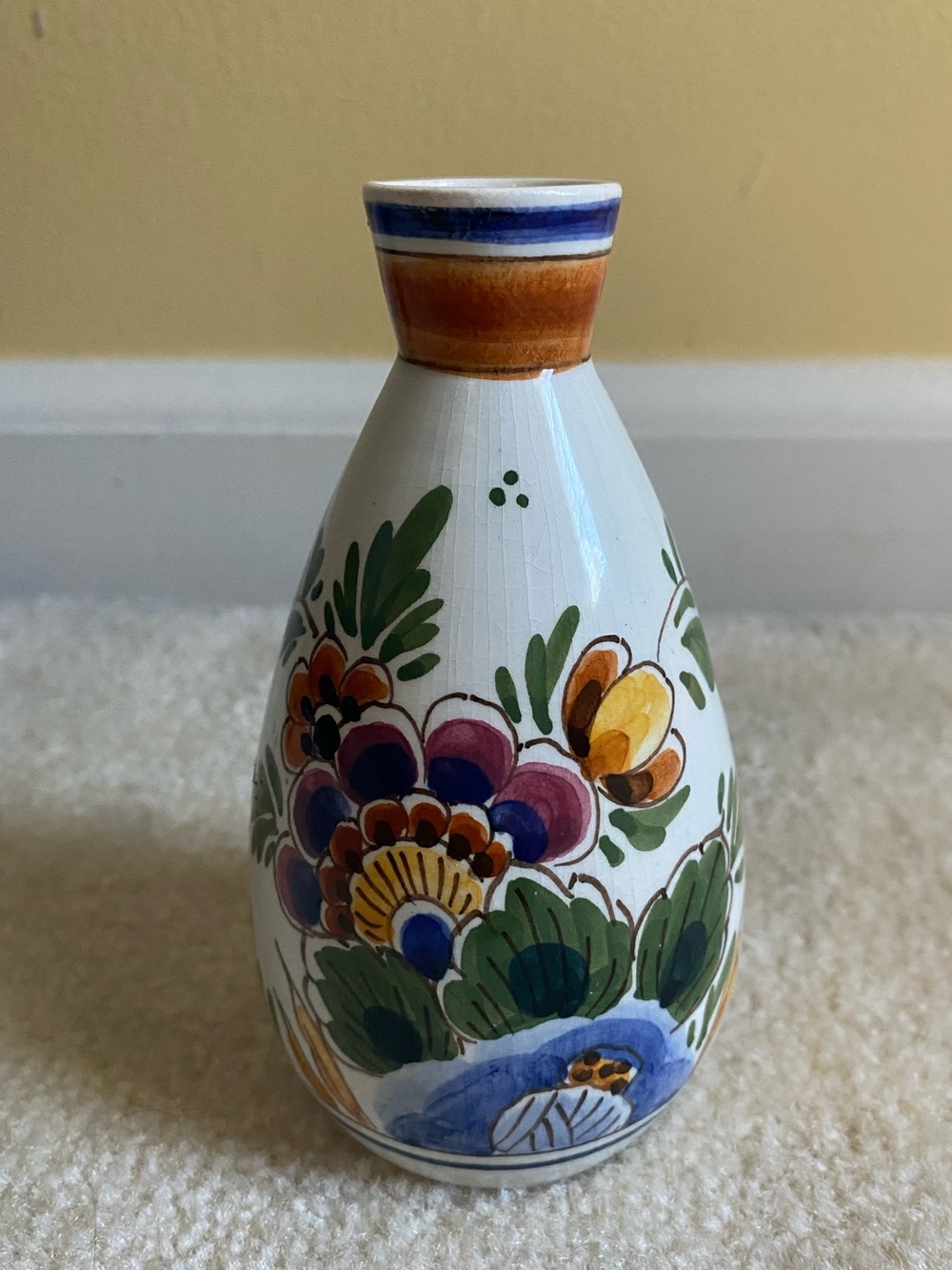 Vintage Delft De Porceleyne Fles Polychrome Floral Vase Hand Painted Holland
